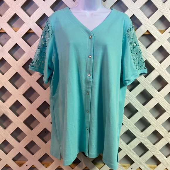 Quacker Factory Floral Pearl & Lace Snap Front Elbow Sleeve Cardigan Aqua XL - Picture 3 of 5